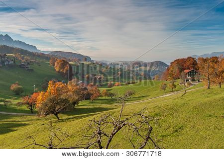 Amazing Autumn Panorama In Switzerland Apls Near Town Of Interlaken, Canton Of Bern