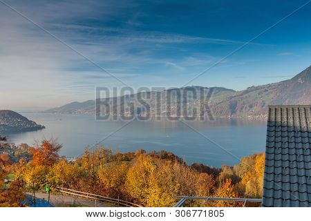 Panoramic View Lake Thun In Switzerland Apls Near Town Of Interlaken, Canton Of Bern