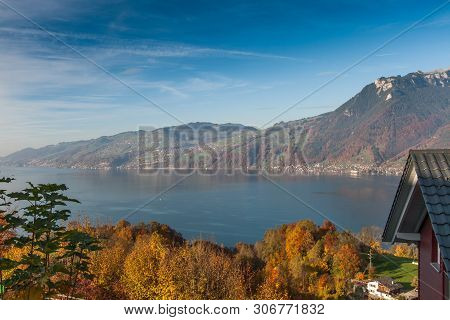 Panoramic View Lake Thun In Switzerland Apls Near Town Of Interlaken, Canton Of Bern