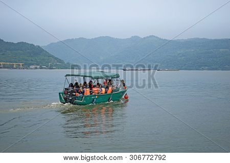 Boat Scenery On A Dark Day, On One Of The Largest Rivers In Europe, The Danube