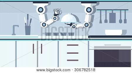 Smart Handy Chef Robot Holding Serving Tray Preparing Food Robotic Assistant Innovation Technology A
