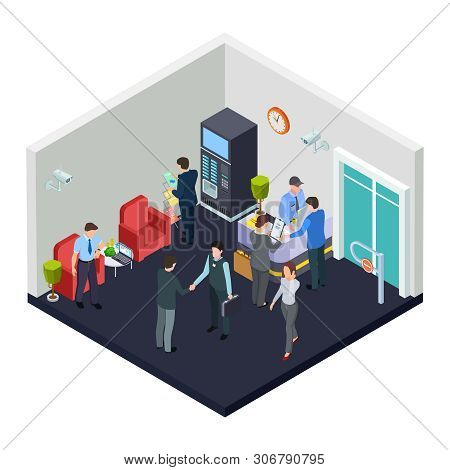 Vector Isometric Office Lobby With Security. Business People Meet In Lobby. Illustration Of Isometri