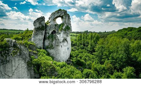 A Panoramic View Of The Unique Okiennik Rock In Poland With A Large Natural Window