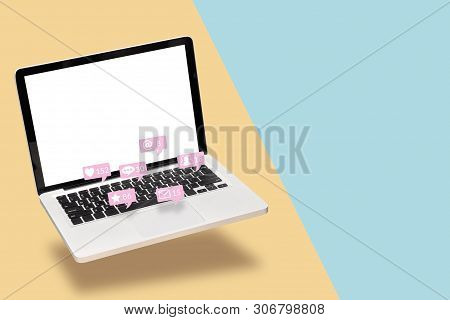 Notebook Computer Laptop With Blank White Screen With Notification Icons From Social Media Interacti