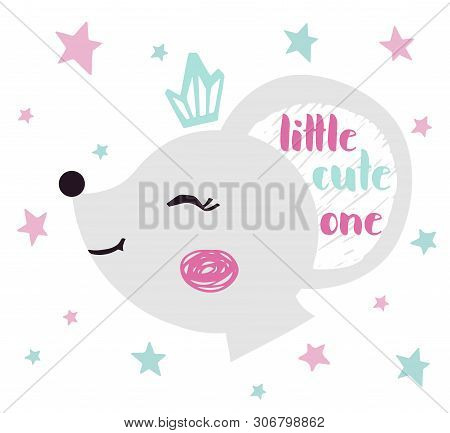 Mouse Baby Girl Face Cute Print. Sweet Animal Head With Crown And Little Cute One Nice Slogan.
