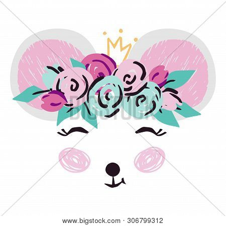 Mouse Baby Girl Face Cute Print. Sweet Animal Princess Head With Flower Wreath And Crown.