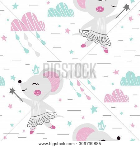 Mouse Baby Girl Cute Seamless Pattern. Sweet Animal With Magic Wand, Crown, Tutu, Pointe. Cloud Star
