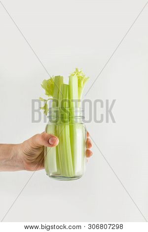 Fresh Celery In Mason Jar With Water. Save Summer Harvest. Storage. Zero Waste.