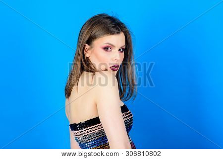 Dark Lips Smoky Eyes. Perfect Makeup. Makeup Cosmetics Concept. Confident In Her Impeccable Appearan