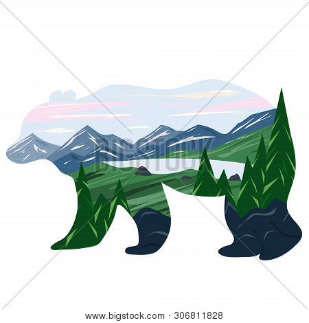 Graphic Illustration. Mountain Landscape With Lake And Forest. Illustration For T-shirts, Trenches O