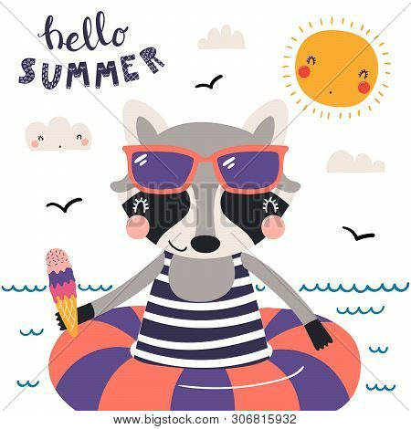 Hand Drawn Vector Illustration Of A Cute Raccoon Swimming, With Lettering Quote Hello Summer. Isolat