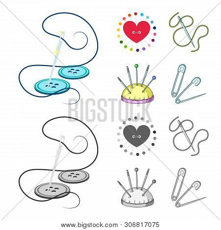 Vector Illustration Of Pin And Sewing Symbol. Set Of Pin And Sketch Vector Icon For Stock.