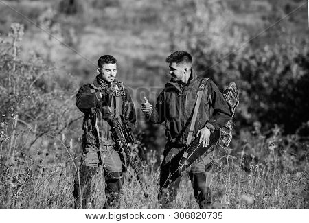 Army Forces. Camouflage. Friendship Of Men Hunters. Hunting Skills And Weapon Equipment. How Turn Hu