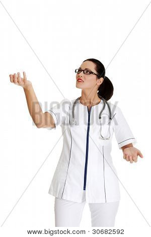 何か、白い背景で隔離のジャグリング女医