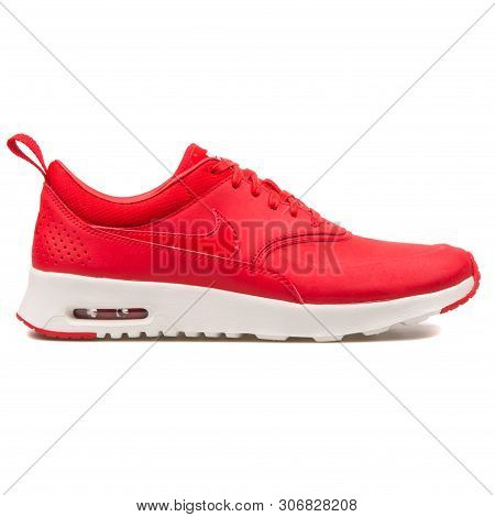 Vienna, Austria - August 10, 2017: Nike Air Max Thea Premium Red Sneaker On White Background.