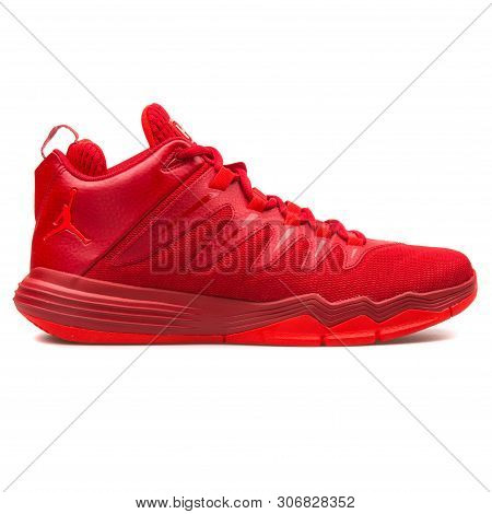 Vienna, Austria - August 10, 2017: Nike Jordan Cp3 Ix Red Sneaker On White Background.