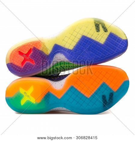 Vienna, Austria - August 10, 2017: Nike Kobe X Elite Se Multi Color Sneaker Sole On White Background
