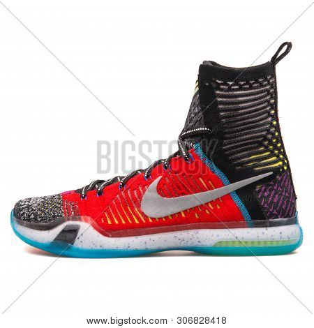 Vienna, Austria - August 10, 2017: Nike Kobe X Elite Se Red, Black And Multi Color Sneaker On White 