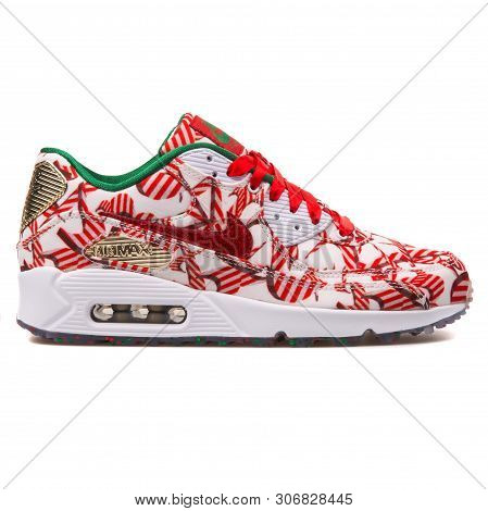 Vienna, Austria - August 10, 2017: Nike Air Max 90 Qs White, Red And Gold Sneaker On White Backgroun