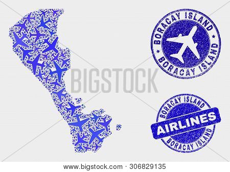 Air Plane Vector Boracay Island Map Composition And Scratched Stamps. Abstract Boracay Island Map Is