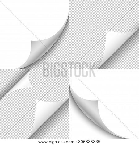 Set Realistic Curled Corner And Shadow On Transparent Background
