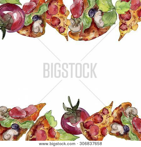 Fast Food Itallian Pizza Tasty Food. Watercolor Background Illustration Set. Frame Border Ornament S