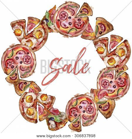 Fast Food Itallian Pizza Tasty Food. Watercolor Background Illustration Set. Frame Border Ornament S