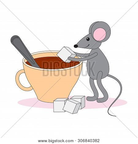 A Gray Mouse Adds Sugar To The Cup With A Drink.
