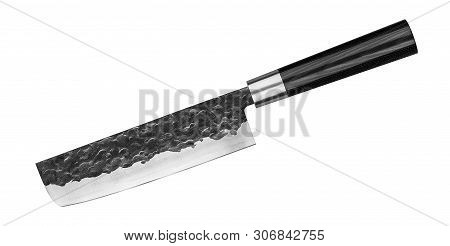 Japanese Steel Knife Hatchet Gyuto For Vegetables. Kitchen Knife Isolated On White Background With C
