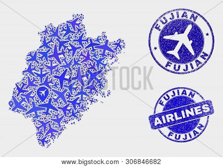 Airlines Vector Fujian Province Map Mosaic And Scratched Watermarks. Abstract Fujian Province Map Is