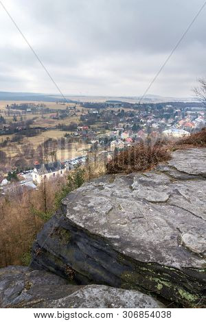 Church Under Tisa Rocks Or Tisa Walls In Western Bohemian Switzerland, Part Of The Elbe Sandstone Ro