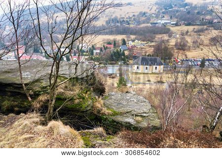 Church Under Tisa Rocks Or Tisa Walls In Western Bohemian Switzerland, Part Of The Elbe Sandstone Ro