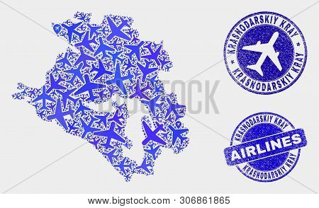 Aviation Vector Krasnodarskiy Kray Map Mosaic And Scratched Stamps. Abstract Krasnodarskiy Kray Map 