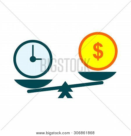 Time Is Money On Scales Icon. Money And Time Balance On Scale. Weights With Clock And Money Coin. Ve
