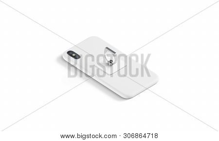 Blank white fingergrip sticked on mobile phone mock up, isolated, side view, 3d rendering. Empty stickypad with ring handle for cellphone mockup. Clear accessory glued on the back of mobile.