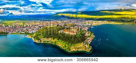 Aerial View Of Samuels Fortress And Plaosnik At Ohrid In North Macedonia