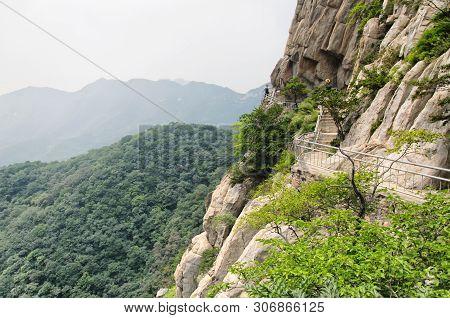 The Sanhuang Plank Way Secured To The Cliff Side On Mount Song In Henan Province China.