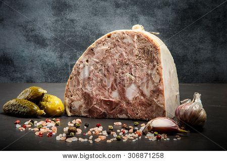 Closeup Meat Product Saltison With Garlic And Pickled Cucumbers