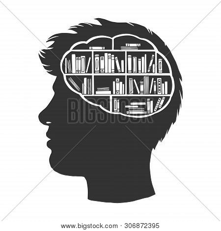 Man With Books Library In Brain Vintage Sketch Engraving Vector Illustration. Metaphor Of Knowledge 