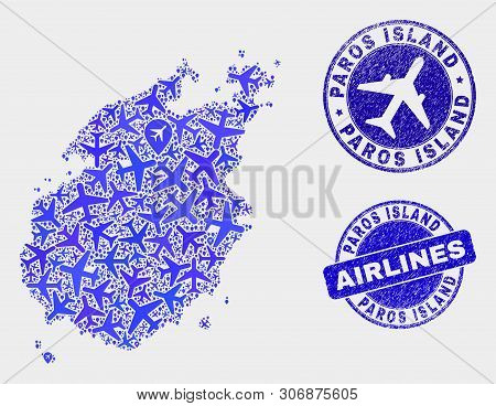 Aircraft Vector Paros Island Map Mosaic And Scratched Stamps. Abstract Paros Island Map Is Designed 