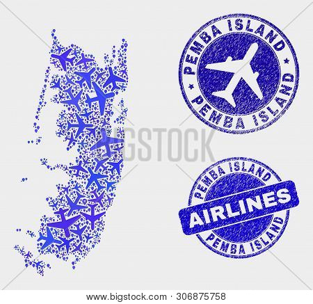 Air Plane Vector Pemba Island Map Collage And Scratched Seals. Abstract Pemba Island Map Is Construc