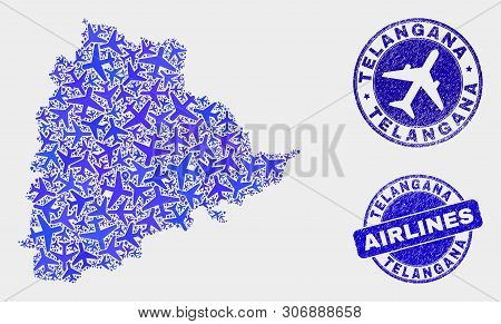 Air Plane Vector Telangana State Map Mosaic And Grunge Seals. Abstract Telangana State Map Is Formed