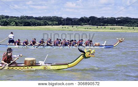 Arlington,texas - June 15,2019 - Dragon Boat Race At Lake Viridian. Showing Two Of The Dragon Boats 