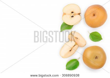 Fresh Asian Pear With Leaves Isolated On White Background With Copy Space For Your Text. Top View. F