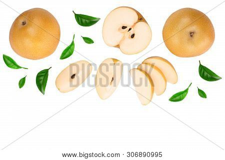 Fresh Asian Pear With Leaves Isolated On White Background With Copy Space For Your Text. Top View. F