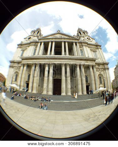 LONDON/ UK- 16th June 2019: Wide angel, fish eye lens view of the main entrance to Saint Paul's cathedral.