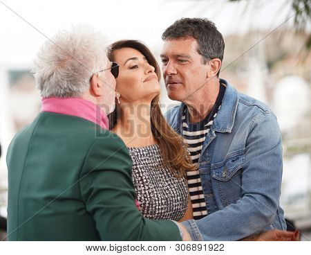 CANNES, FRANCE - MAY 18, 2019: Pedro Almodovar, Penelope Cruz and Antonio Banderas attend the photocall for 