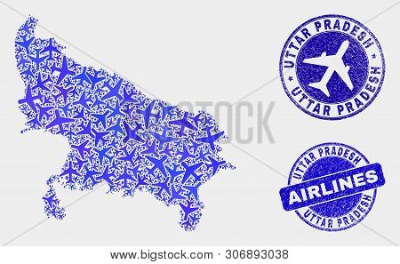 Air Plane Vector Uttar Pradesh State Map Composition And Grunge Seals. Abstract Uttar Pradesh State 