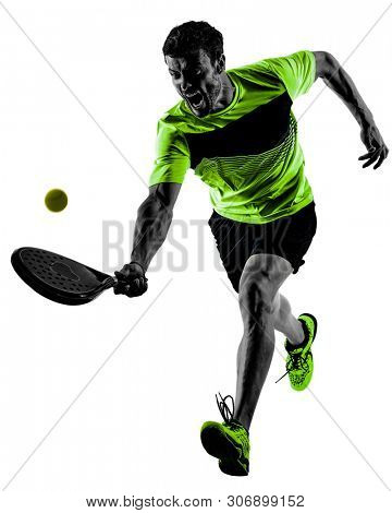 one caucasian man playing Paddle tennis player isolated on white background