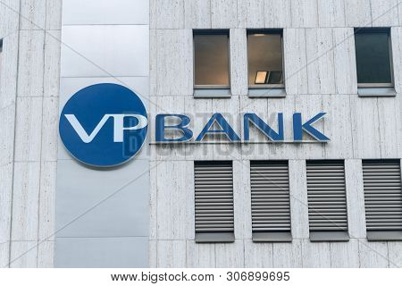 Vaduz, Liechtenstein - June 1, 2019: Logo And Sign Of Vp Bank. Vp Bank Ag Is A Liechtenstein-based P